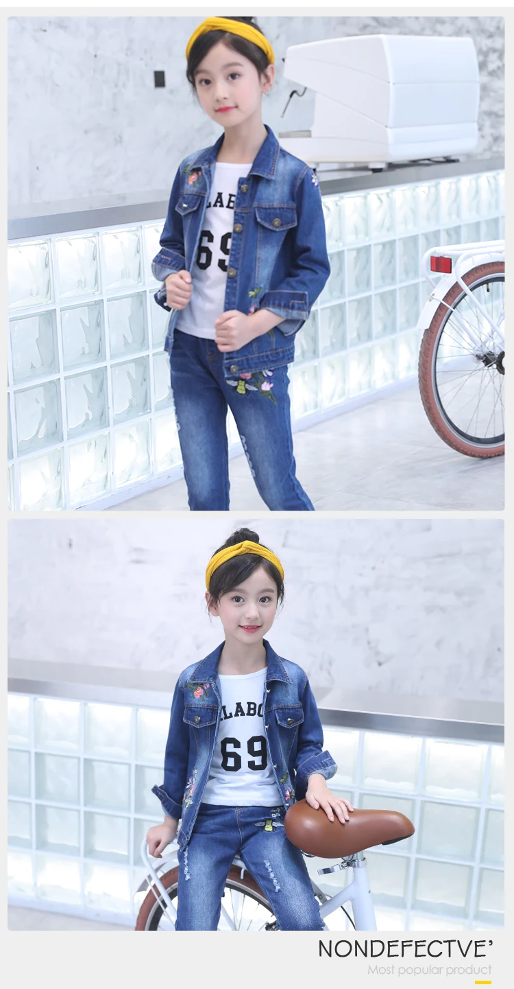 2 Pieces Girl Jeans Suits Set Floral Embroidered Design Kids Spring Denim Jacket Clothing Girl Outfit Set