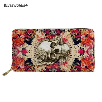 

ELVISWORDS Women Leather Wallets Gothic Sugar Skull Flower Print Long Purse for Ladies Girls Waterproof Bags for Money Women