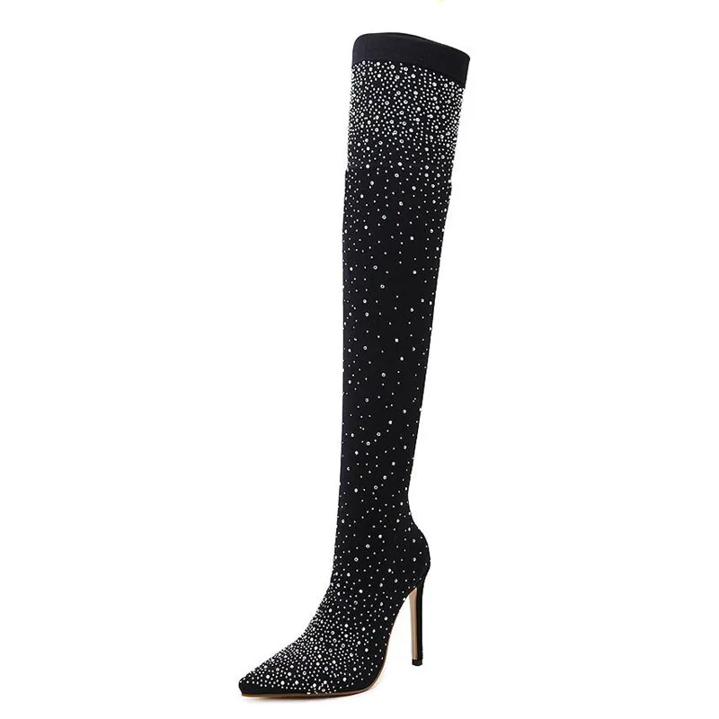 Black 7cm MHYONS/ г. Модные Подиумные ботинки с кристаллами стелька из эластичной ткани женские ботфорты с острым носком на высоком каблуке - Цвет: Black 7cm