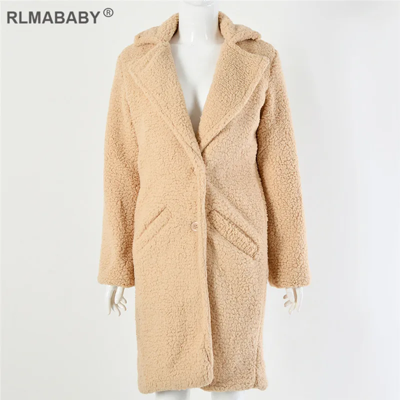 Khaki Coat RLMABABY осень зима искусственный мех Тедди женское длинное Пальто однобортное повседневное пальто на пуговицах толстое теплое пушистое женское Верхнее пальто - Цвет: Khaki Coat