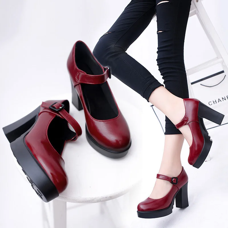 Europe And America Four Seasons New Style Chunky-Heel Comfortable Versatile round Shallow Mouth A- line Buckle Waterproof Platfo