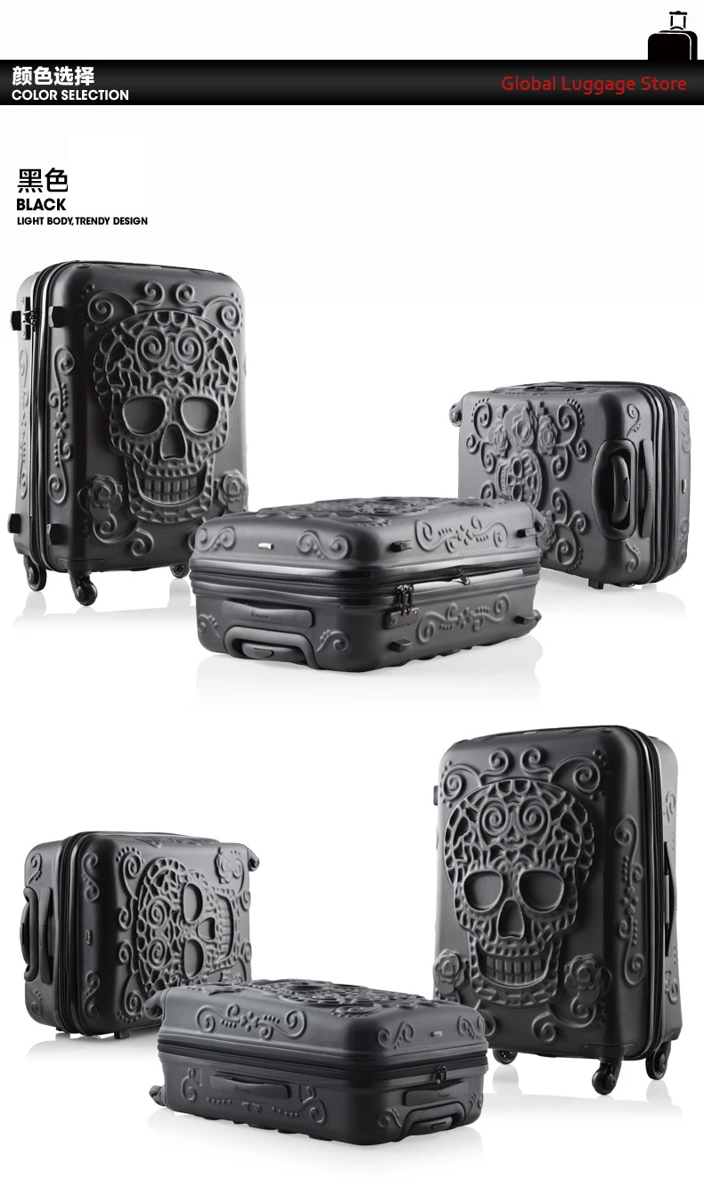 20,24,28 Inch Spinner Wheel skull Travel Suitcase abs hardside trolley luggage