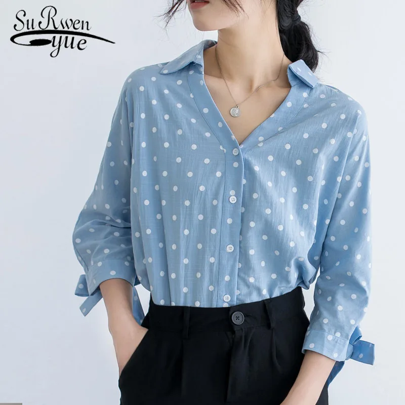 Blusas Mujer, новинка, кардиган в горошек с длинным рукавом, шифоновая, белая, синяя, женская рубашка, повседневная, свободная, с v-образным вырезом, женская блузка 5261 50