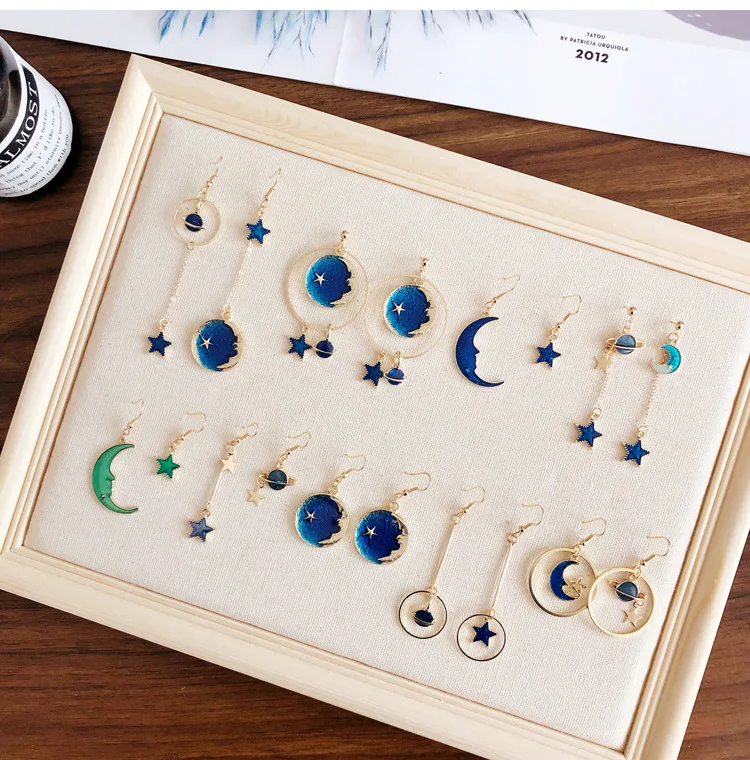 

New Blue Universe Planet Star Asymmetric Earrings for Women Girl Ear Accessories Moon Star Long Tassel Drop Earrings CEL935