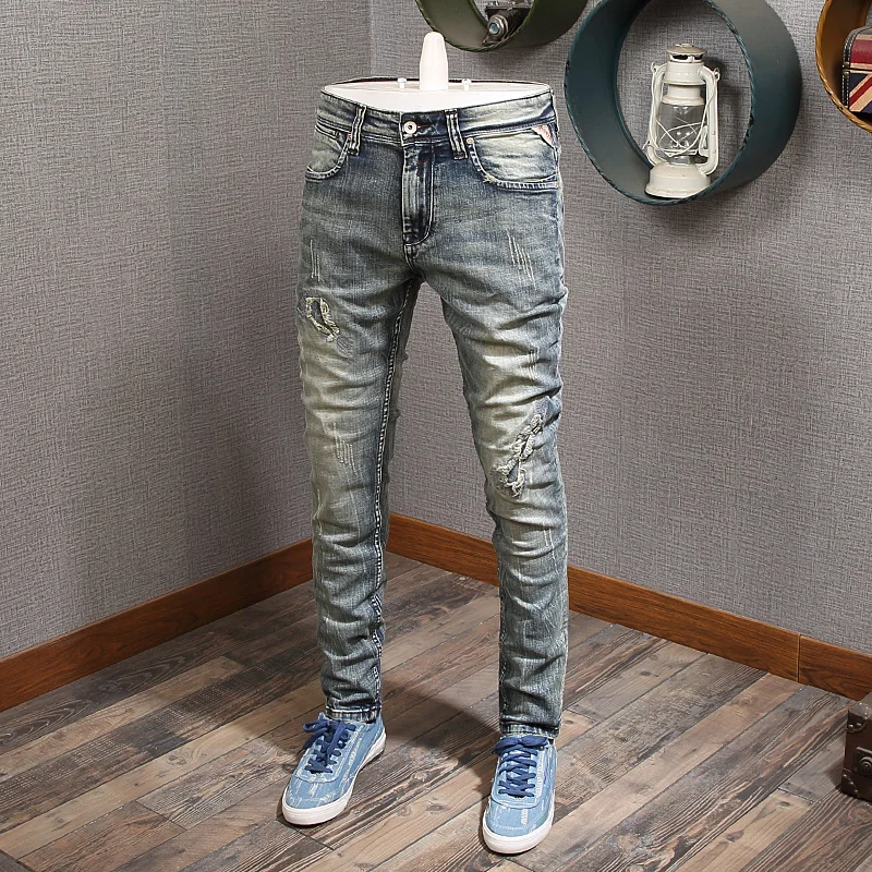 

Italian Style Fashion Men Jeans High Quality Retro Color Destroyed Ripped Jeans Men Elastic Slim Fit Designer Hip Hop Jeans