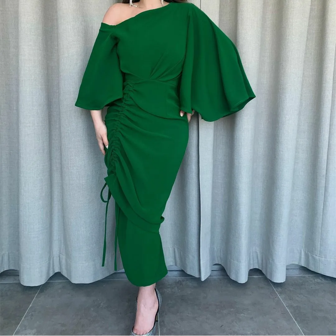 

Long Green Chiffon Muslim Evening Dresses With Sleeve فساتين السهرة Slanted Shoulder Ankle Length Robe de soirée for Women