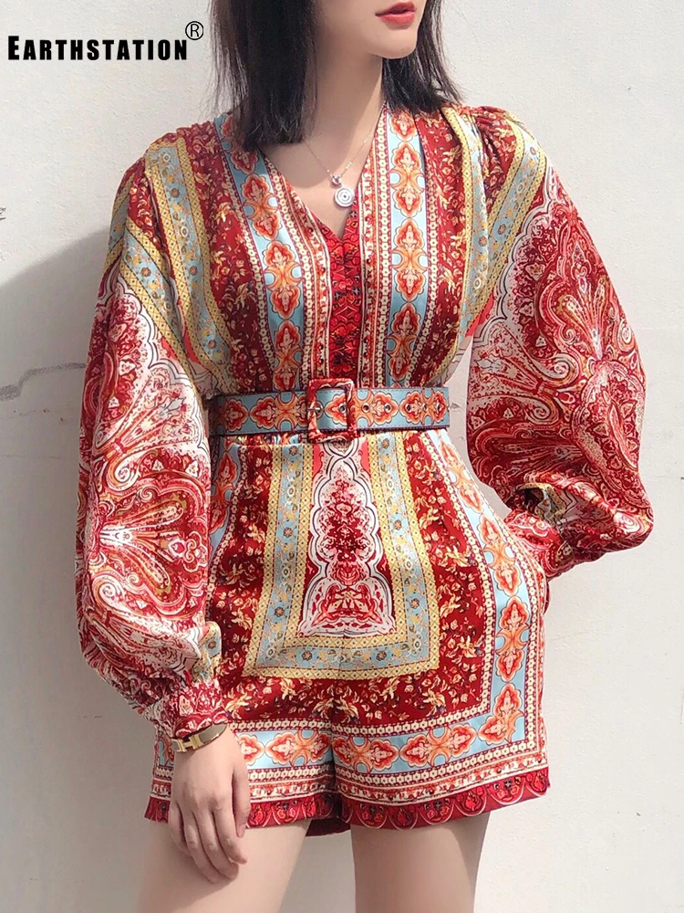 Шорты женские с геометрическим рисунком в стиле ретро ремешком на талии Сиамские