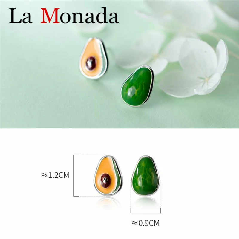 Ювелирные изделия с фруктовым эмалью, 925 серебро, авокадо, зеленые асимметричные серьги, летние серьги-гвоздики для девочек, детские новые подарки