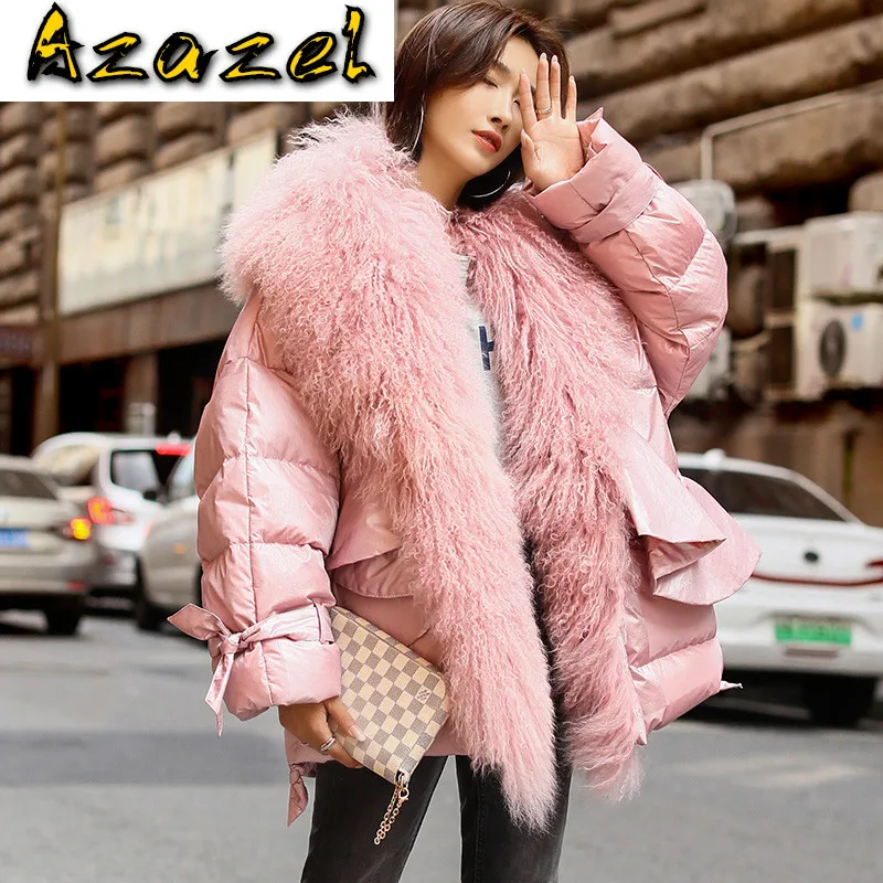 Натуральный мех пальто Женская зимняя обувь большие шерстяные меховой воротник