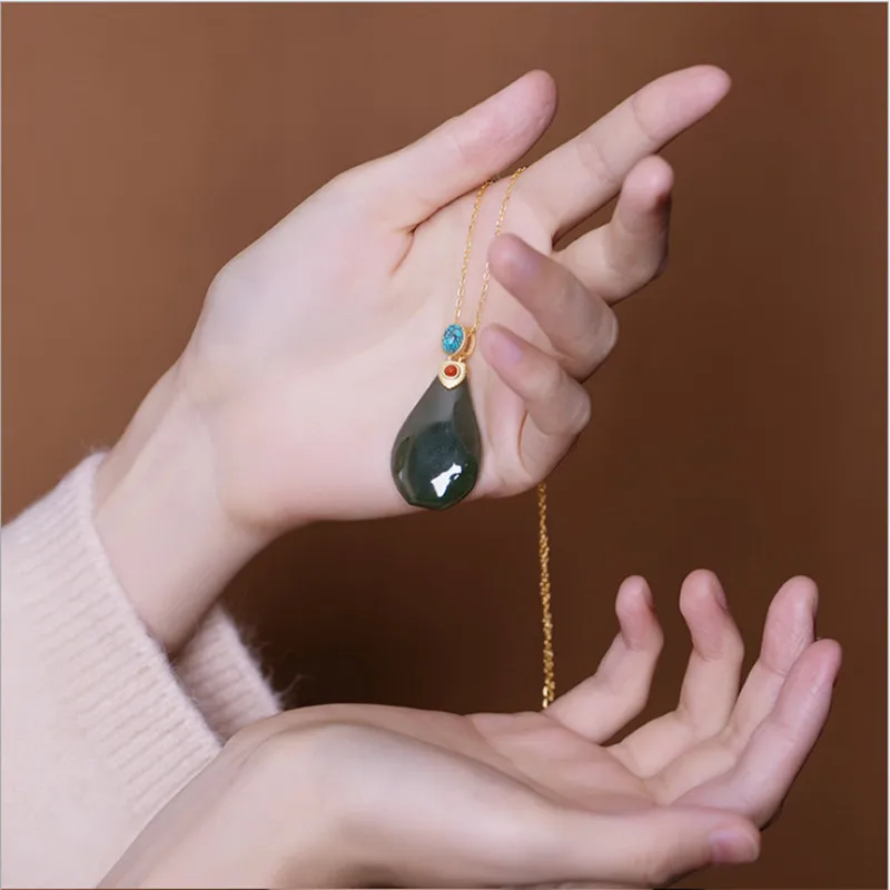 4th 45X22X6MM Минималистичные многоцветные геометрические кулоны для женщин, натуральный нефрит, ожерелья+ цепочки, позолоченные, серебро 925 пробы, хорошее ювелирное изделие P1092 - Цвет камня: 4th 45X22X6MM