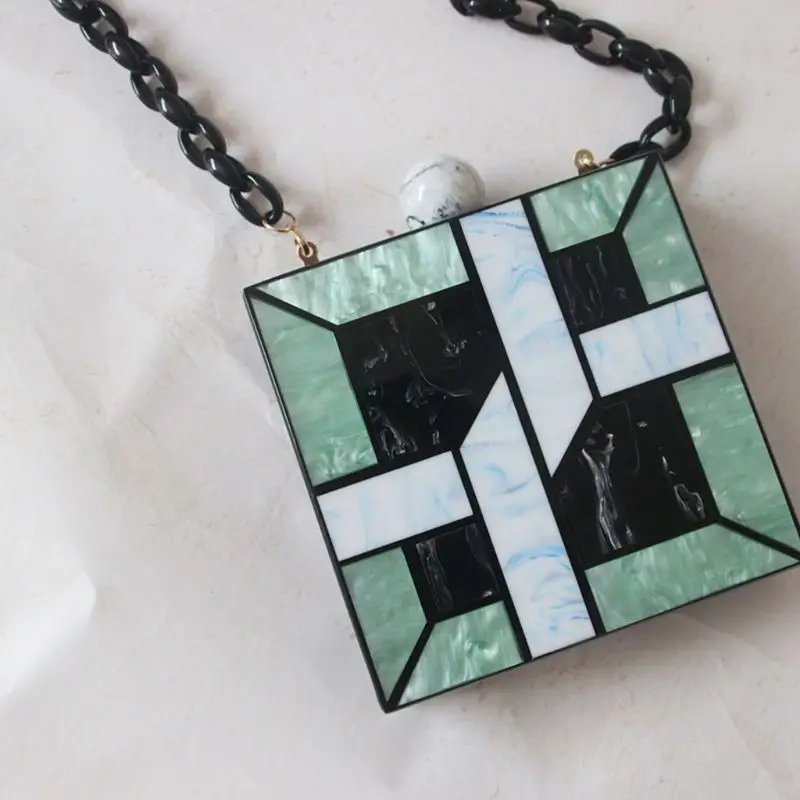 THINKTHENDO Women Patchwork Square Clutch Evening Bag Bridal Party Lady Acrylic Handbag