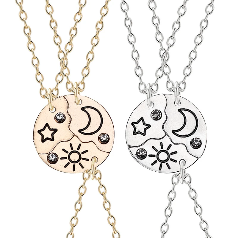Conjunto de 3 collares con colgante Luna, sol, mejor amigo, Bff, collar de pareja de amistad, joyería de moda|Collares colgantes| -