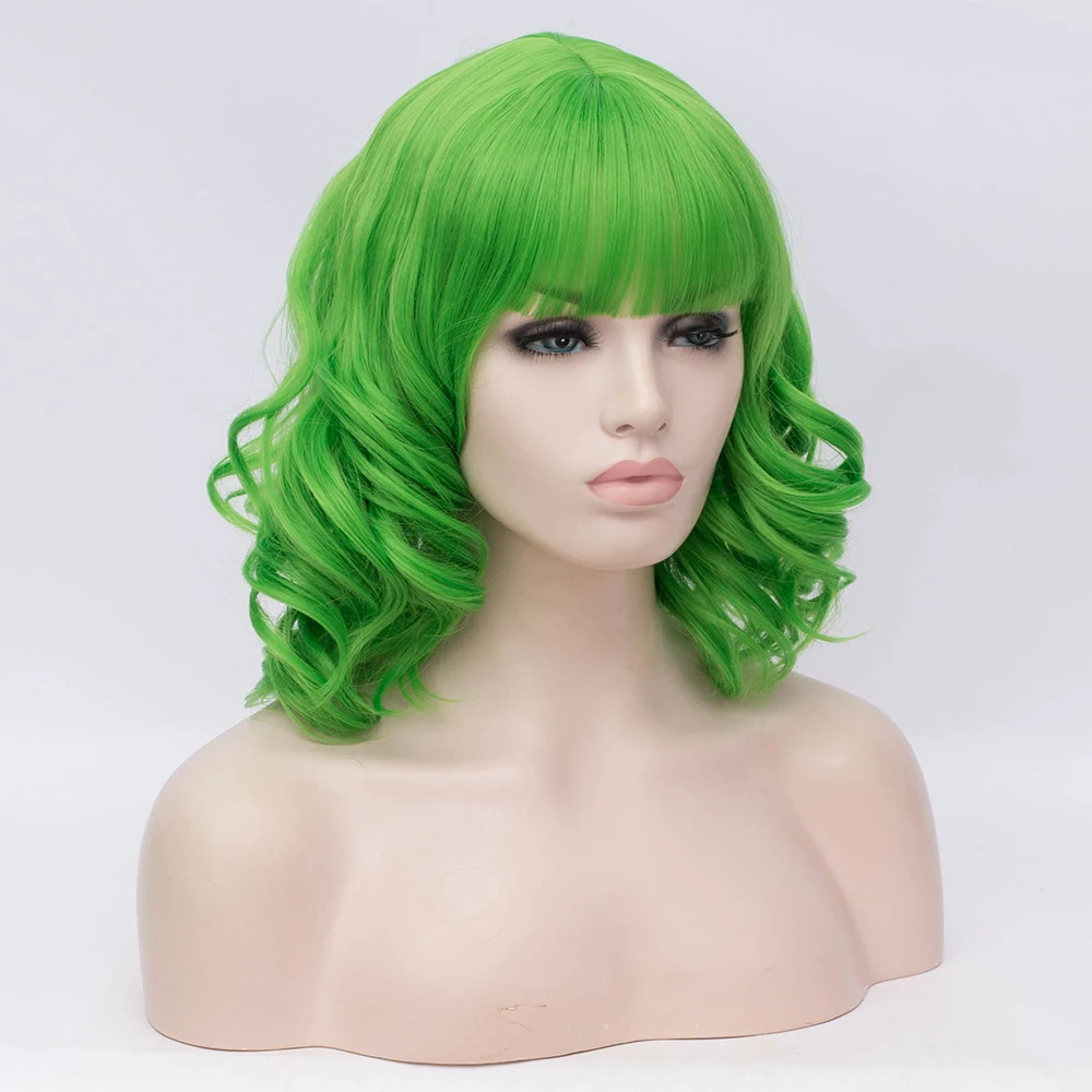 Короткий парик с челкой вьющиеся волосы Зеленый косплей синтетические парики для женщин