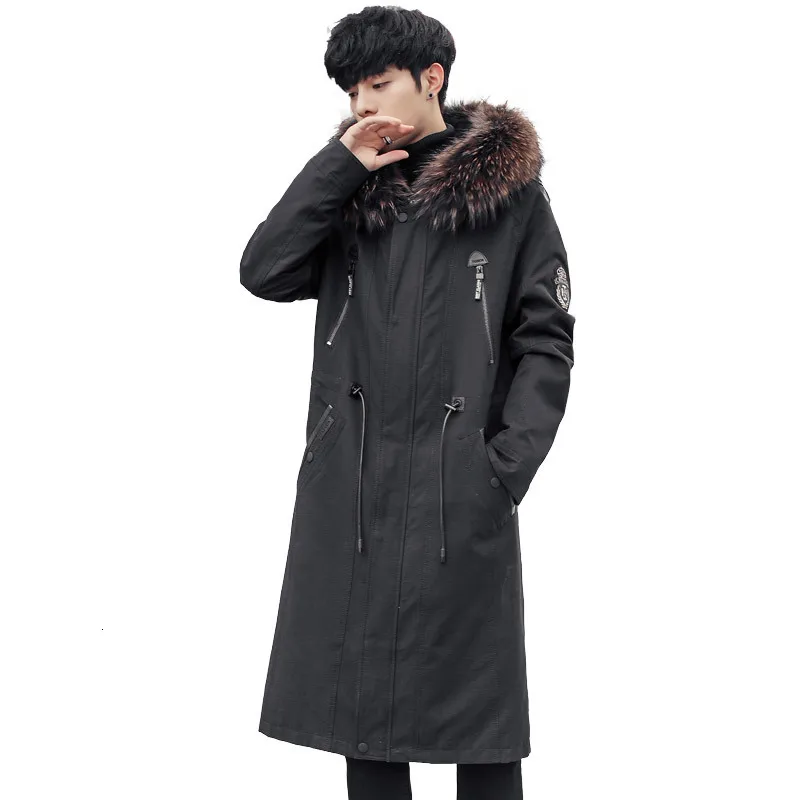 Пальто с натуральным мехом кролика, подстежка, парка,, зимняя мужская куртка, воротник из натурального меха енота, Роскошные теплые куртки Casaco 8816 YY1086 - Цвет: black