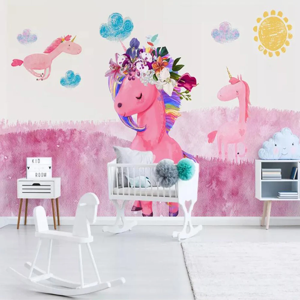 

Dropship Custom 3D Photo Wallpaper Modern Minimalist Hand-painted Pink Unicorn Children's Room Wall Decoration Mural Wallpaper