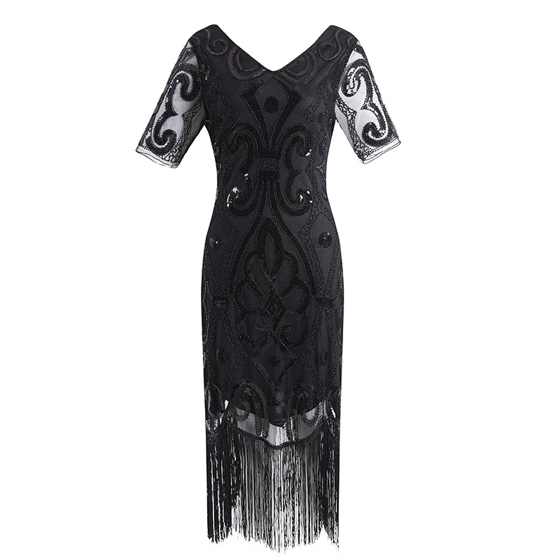 Pure Black Dress 1920s платье Гэтсби с Блестками, Бисером, бахромой и Пейсли, винтажное платье, v-образный вырез, 20 s, вечерние аксессуары - Цвет: Pure Black Dress