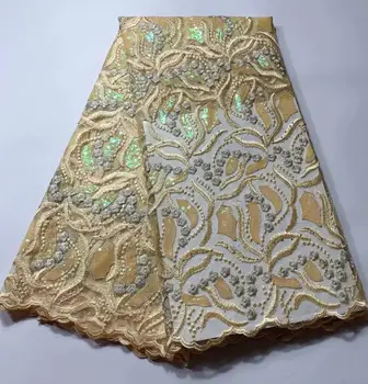 

Gold Sequined Embroidered Afrian French Net Lace Fabric 2019 Classical Design Indian Nigerian Women Prom Evening Dresse FYIN-119