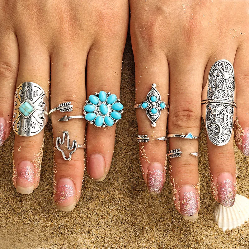 JI84FH Bohemian Tribal Turquoise Stackable Rings Set Hippie Stack of 9 Pieces Gypsy Cactus Thumb Midi Jewelry Beach | Украшения и