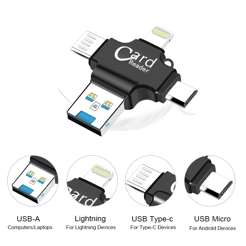 Suntrsi 4 в 1 Micro sd card reader для Android ipad iPhone 6/iPhone 7 Plus/8 8s кард ридер Тип c OTG Бесплатная