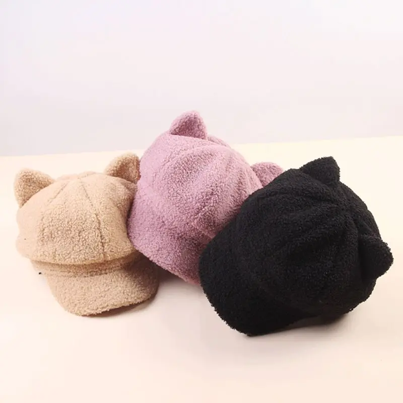 Женский зимний теплый берет из искусственной шерсти с милыми кошачьими ушками, восьмиугольная шапка с тыквой C6UD