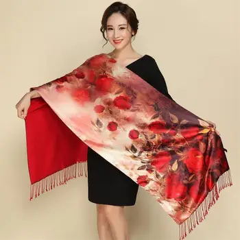 

Female Scarves Print Flower Shawl Silk Cashmere Scarf Retro National Tippet Warm Scarf Two Sides Wear Pastoral Style Pashmina
