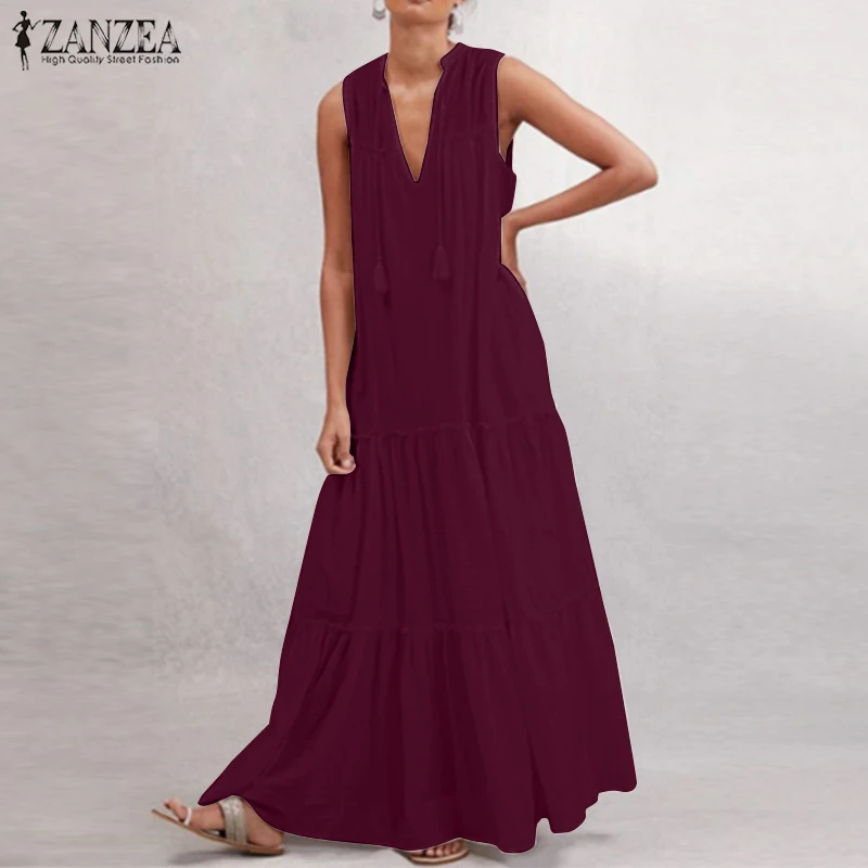 Сексуальное летнее платье с v-образным вырезом и рюшами, Vestidos, женский сарафан без рукавов, ZANZEA, Модное Длинное Макси женское платье халат, большие размеры S-5XL