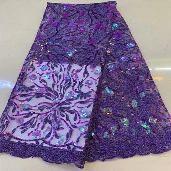 

purple New style French Sequins net lace fabric,African Super Sequins mesh lace fabric High quality for Nigerian Best party dress