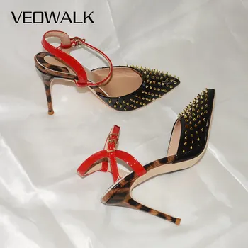 

Veowalk Gold Spikes Women Glossy High Heel Sandals Summer Ankle Strap Pumps Sexy Ladies Pointy Toe Slingbacks Shoes Stilettos