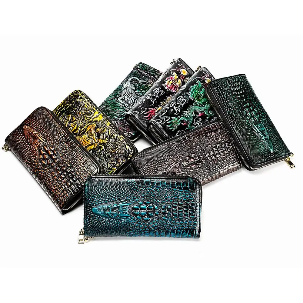 Men's Dragon Genuine Leather Wallet 3D Crocodile Tiger Cowhide Long Wallet with Phone Pocket Fashion Vintage Zipper Long Purse