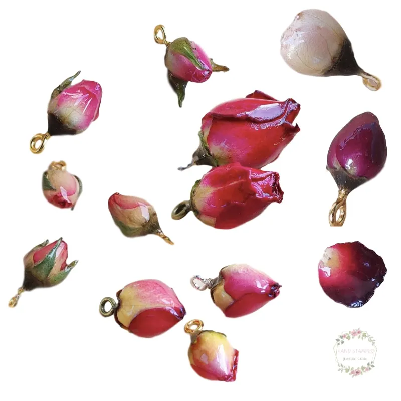 10PCS Natural Real Flower Charms Rose Bud Dangle Charm Liquid Resin Covered With Silver Gold Hook For Jewelry Making | Украшения и