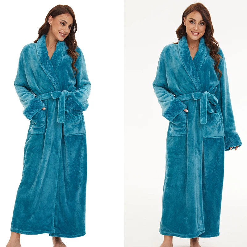 Mens Womens Winter Warm Robes Fluffy Fleece Dressing Gown Long Sleepwear  Lounge Housecoat Fuzzy Bathrobe for Hotel and Spa