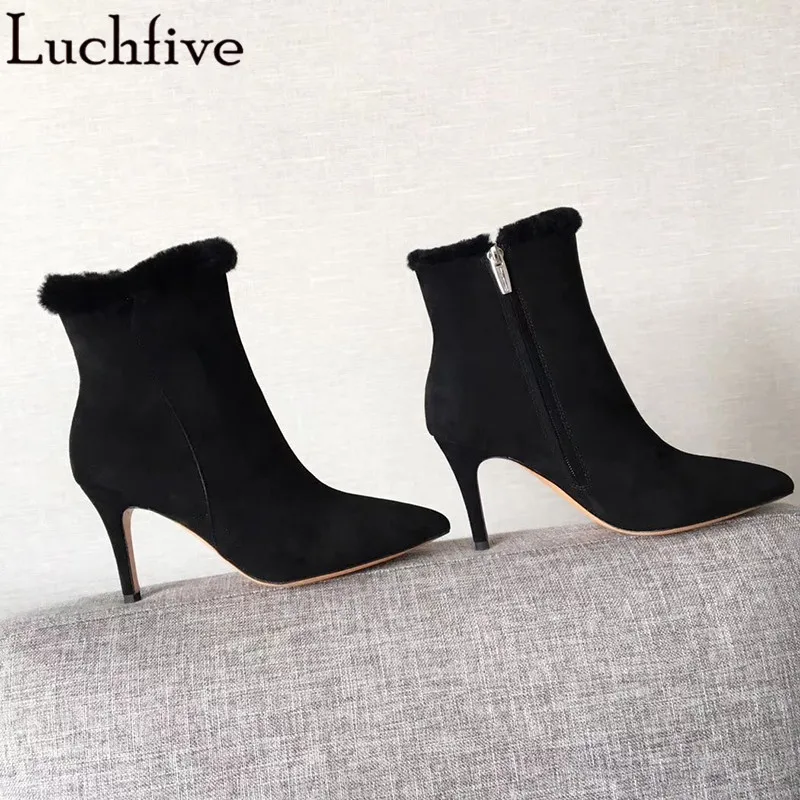 Wool High Heels Ankle Boots Pointy Toe Party Shoes Woman Sexy Zipper Suede Winter Boots Apricot Short Boots Women