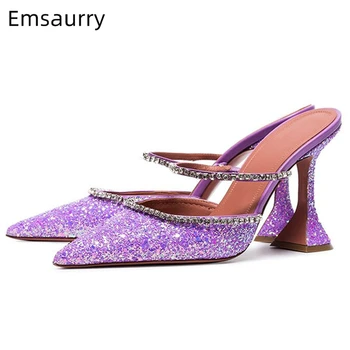 

New Summer 2020 Silver Sequins Slippers Women Unique Goblet Heel Pointed Toe One-strap With Rhinestone High Heel Shoes Woman