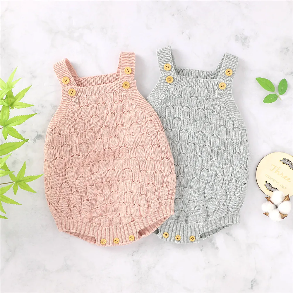

Baby Jumpsuit Cotton Sleeveless Sling Loose Solid Color Button Closure Knitted Patchwork Romper Pudcoco Fashion Unisex O-neck