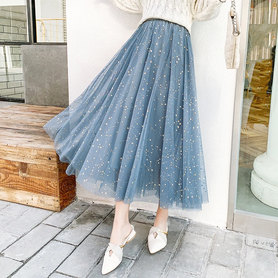 

Bling Bling Stars Skirt Women Sequin Midi Skirts Dense Mesh Tulle Skirt Casual Loose Light Elegant Romantic 2020 Spring Summer