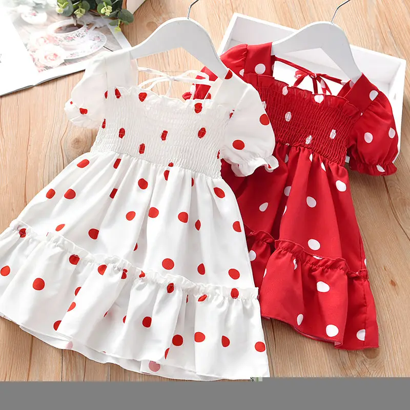 

2020 summer princess dresses girls sweet lace polka dot dress little girl chiffon short sleeve kids cute clothes 2-8Y children
