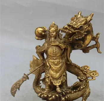 

Chinese Fengshui Bronze Guan Gong Yu Warrior God Sword Stand on Dragon Statue