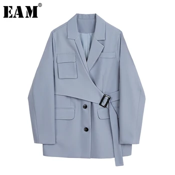 

[EAM] Women Blue Irregular Split JointBlazer New Lapel Long Sleeve Loose Fit Jacket Fashion Tide Spring Autumn 2020 1Y836