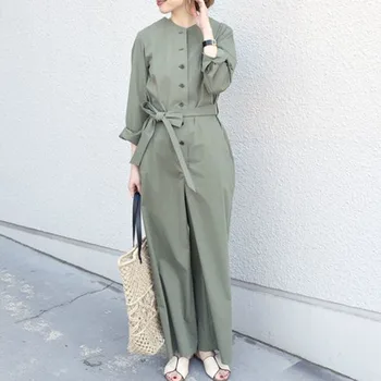 

Long Sleeve Linen Jumpsuit Women Spring Autumn Sashes High Waist Solid Loose Rompers Korean Elegant Causal Playsuit Minimalist