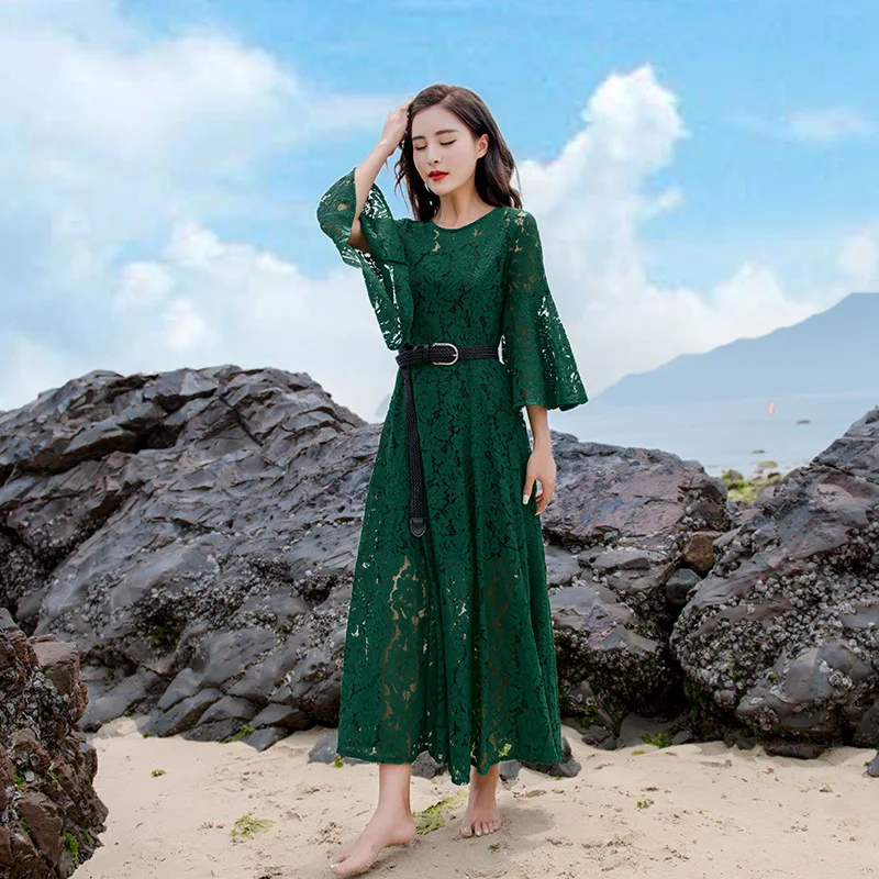 

7325 # Dress Spring And Summer New Style Crew Neck High-waisted Bell Sleeve Retro Elegant Hollow out Long Skirts