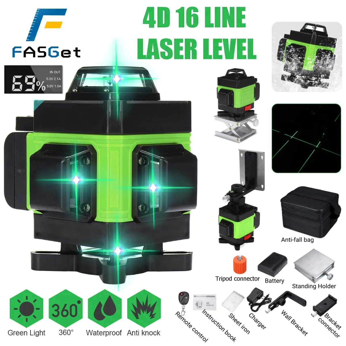FASGet 4D 16 Lines Laser Level 3° Self-leveling Machine Rechargeable Lithium Battery Leveling Tool Vertical Horizontal Big Sale |