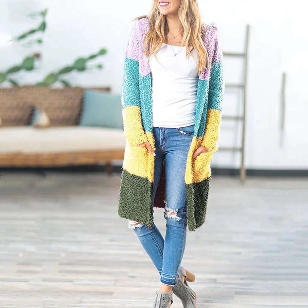 Jaycosin Fashion Autmn Winter Women Casual Splice Knitted Cardigan Sweater Long Sleeve Comfortable Soft Leisure Pullover 21#4