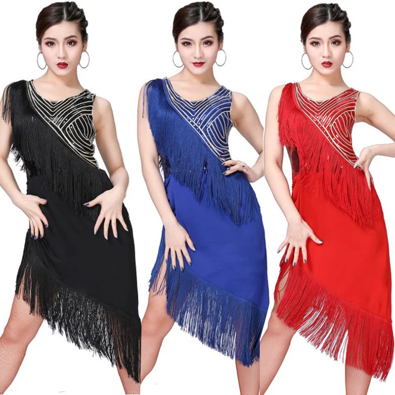 Без проволоки с круглым вырезом сплошной цвет для взрослых без рукавов с блестками отделанный бахромой латинский Сальса танцевальное платье одежда для выступлений одежда для упражнений. W