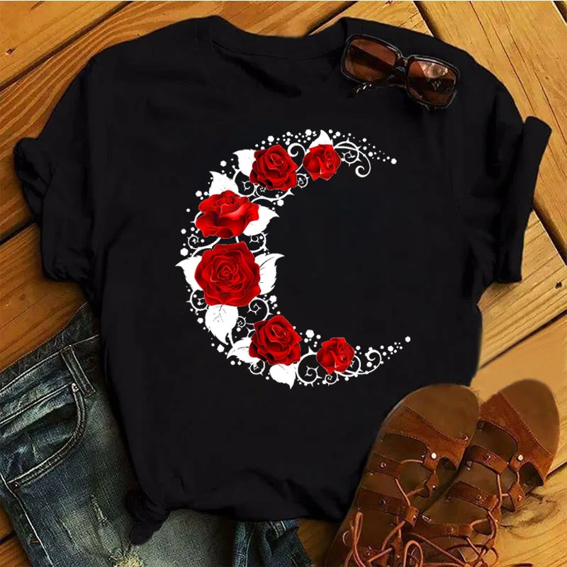 Neue Mode Frauen Schwarz T Hemd Rote Rose Musical Hinweis Gedruckt T Hemd Harajuku Nette Graphic Tee Shirt Weibliche Damen casual Tops – Detail 7