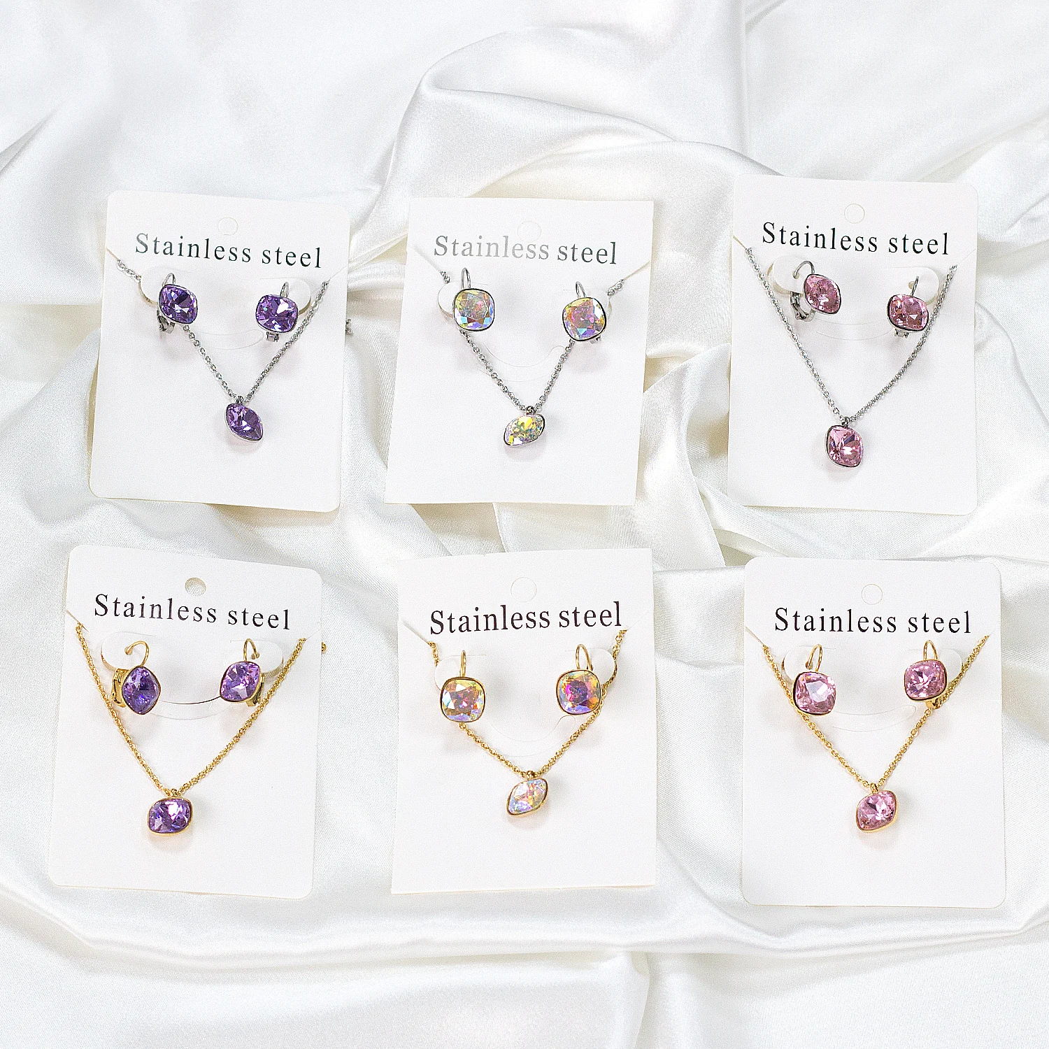 Square Crystal Pendant Necklace Earrings Set Stainless Steel Jewelry Set For Women Party Gift