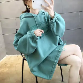 

Women's Lettering Oversized Hoodie Autumn and Winter Long Sleeve Plus Velvet Thick Sweatshirt Drawstring Loose Casual Pullover