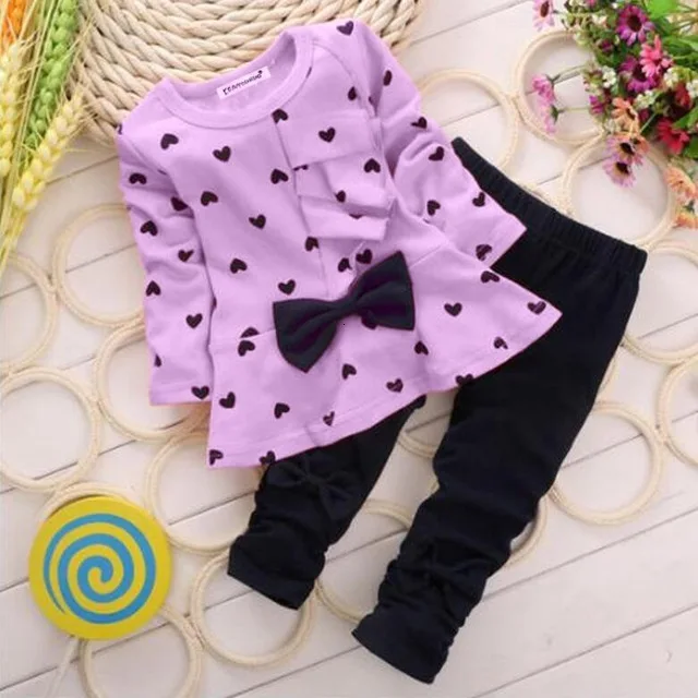 Children's Suit Baby Girls Love Bow Sets Clothes Set Cotton Long Sleeve Sets Infant Baby Outfits Baby Girls Clothing Kids Suits