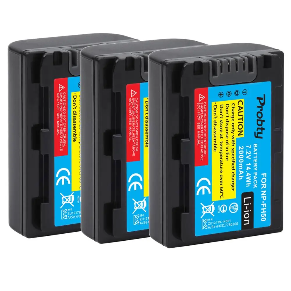 Probty 3Pcs NP-FH50 NP FH50 NPFH50 Rechargeable Battery For Sony A230 A290 A390 DSC-HX1 HX100 HX200 HDR-TG1E TG3 TG5 TG7 Camera |