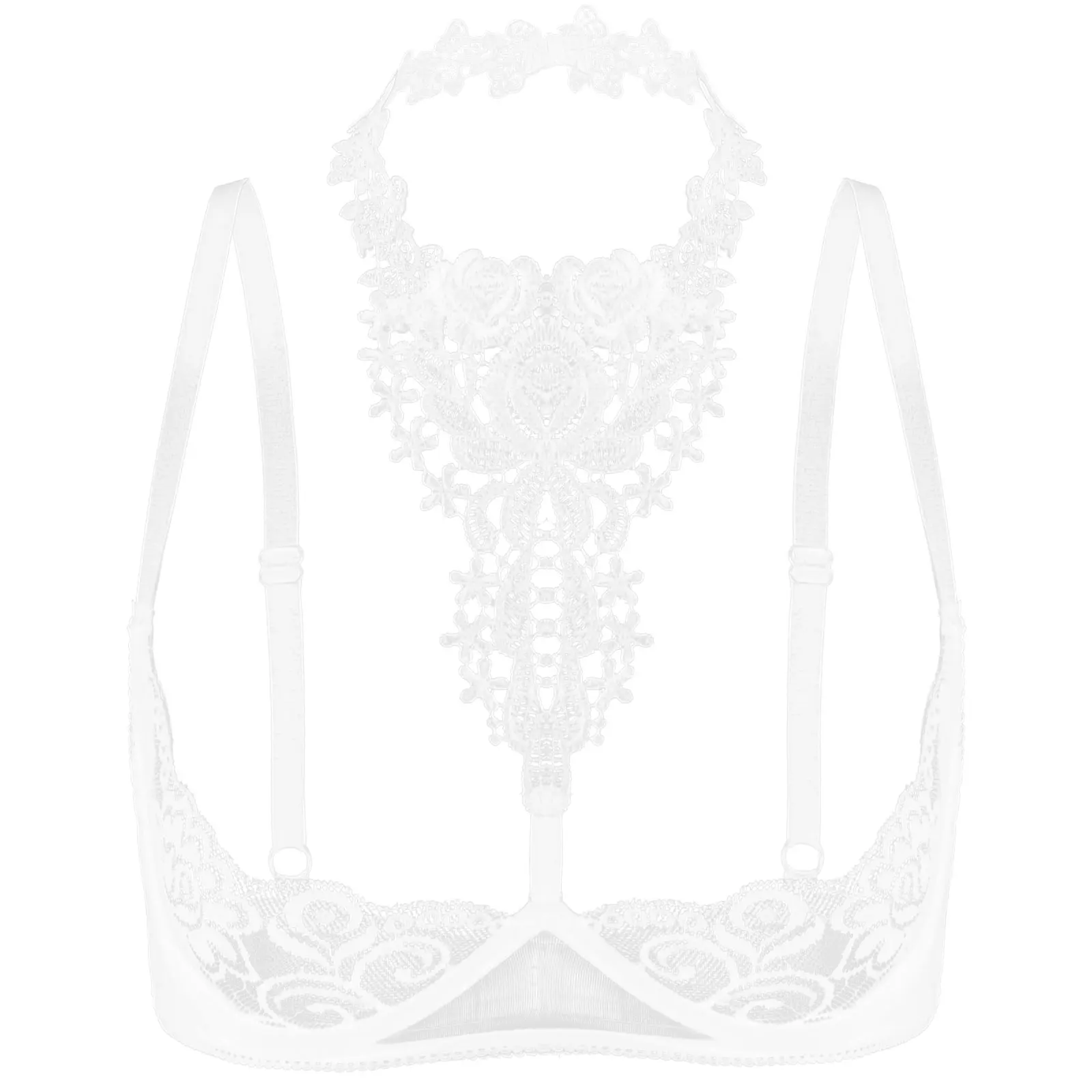 thumbnail image 1 of Lencería para mujer, sujetador de copa abierta con pecho, encaje Floral transparente, con aros, sujetadores sexis sin forro, Tops, ropa interior con cuello Halter y pecho descubierto, 1 of 5