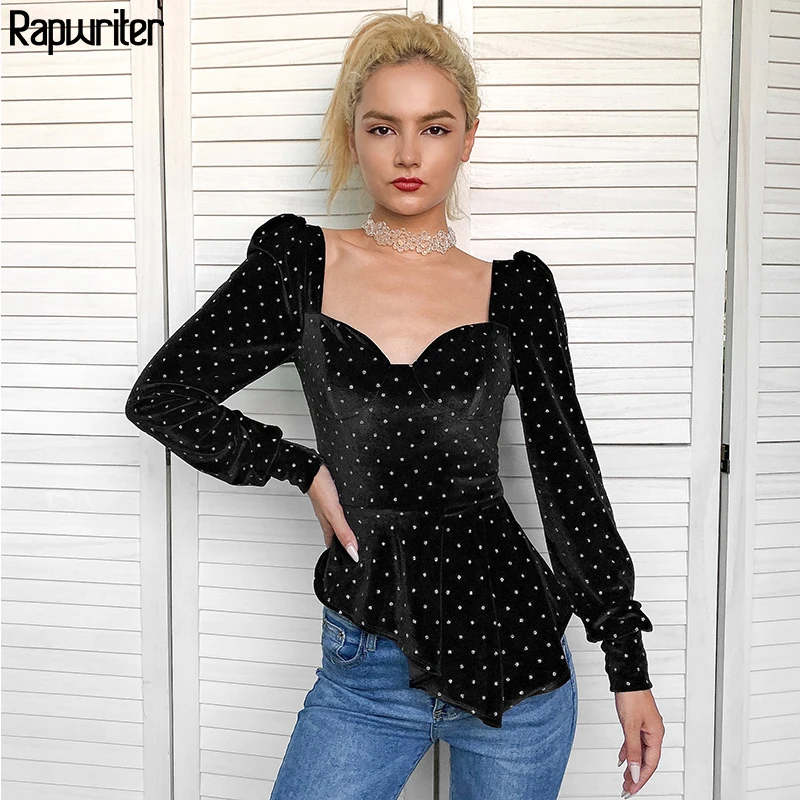 Rapwriter Elegant Square Collar Long Sleeve Faux Diamond Velvet T-shirt Women Harajuku Irregular length Hem Black Shirt Top